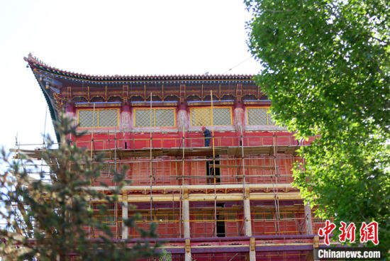 圖為5月上旬，甘肅山丹縣大佛寺內(nèi)，工作人員對古建筑大雄寶殿進(jìn)行修繕。 中新社記者 高展 攝