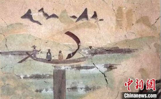 “一人搖櫓晃扁舟，兩人撐篙水上漂?！眻D為莫高窟第323窟《搖櫓帆船》（初唐）?！《鼗脱芯吭汗﹫D