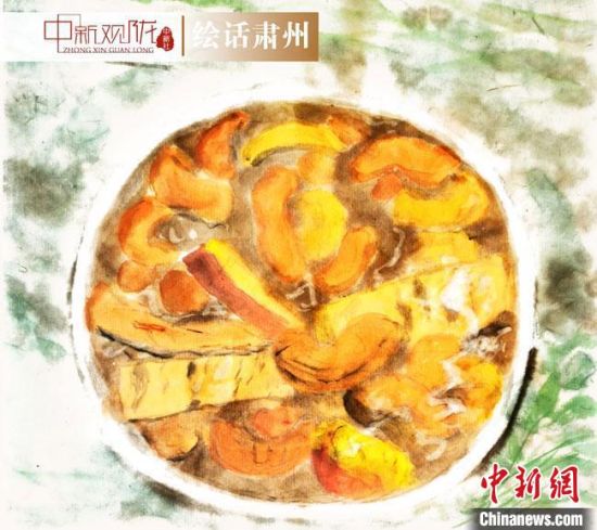 圖為酒泉美食“糊鍋”繪畫作品?！《排d彥 攝