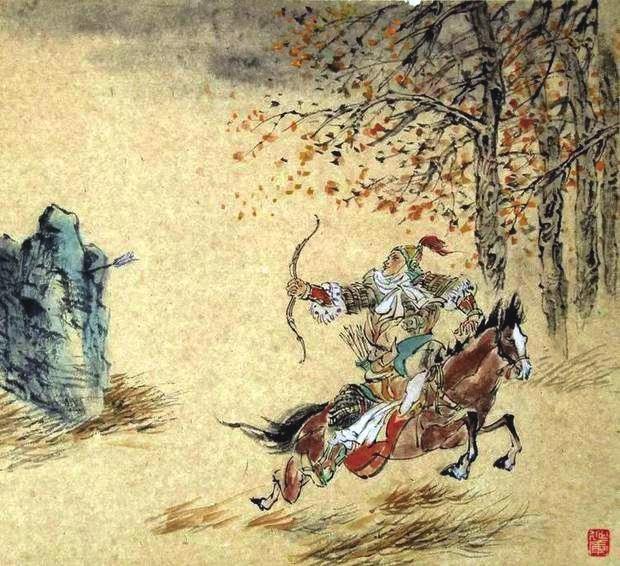 “林暗草驚風(fēng)，將軍夜引弓。”畫作